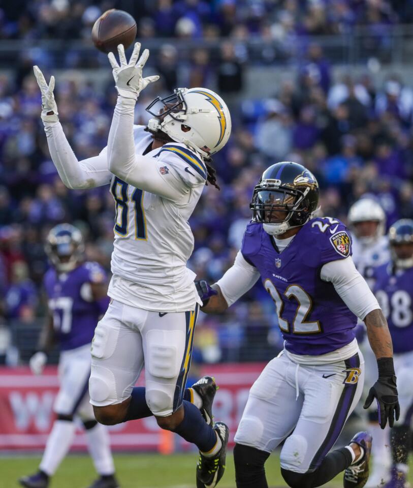 Chargers receiver Mike Williams pulls down a 28-yard pass from quarterback Philip Rivers over Ravens cornerback Jimmy Smith late in the third quarter.