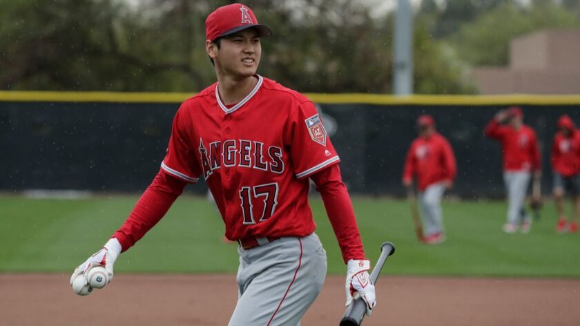 Angels two-way player Shohei Ohtani shags balls after batting practice during the first day of spring training at the Tempe Diablo Stadium complex in Tempe, Ariz.