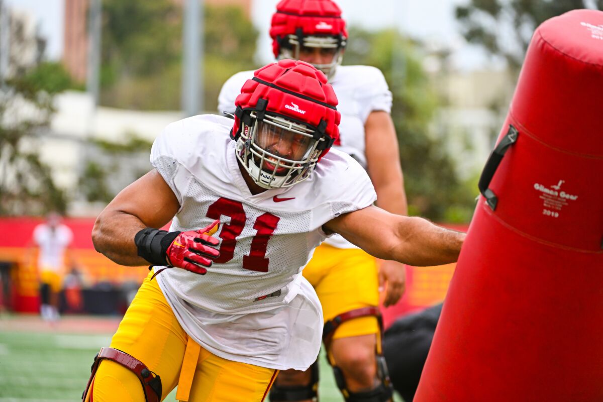 USC defensive lineman Tyrone Taleni takes part in a team practice session.