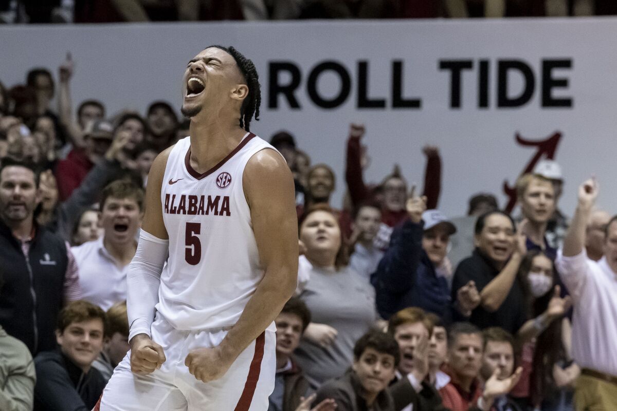 Alabama guard Jaden Shackelford (5) celebrates after causing an LSU turnover during the second half of an NCAA college basketball game Wednesday, Jan. 19, 2022, in Tuscaloosa, Ala. (AP Photo/Vasha Hunt)