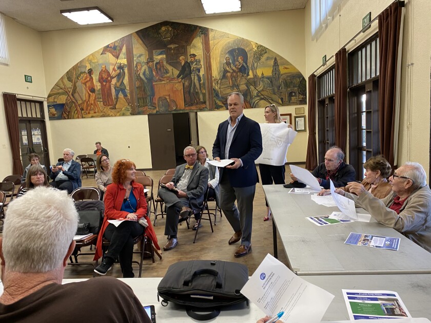 Michael Dorvillier and Laurel McFarlane (standing), reps for the spring La Jolla Concours d’Elegance, ask the La Jolla Parks & Beaches advisory group on Jan. 27 to recommend issuing a permit for their event.