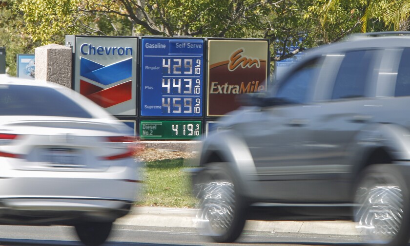 Gas prices at a Chevron station in San Marcos in San Diego County on Oct. 22.