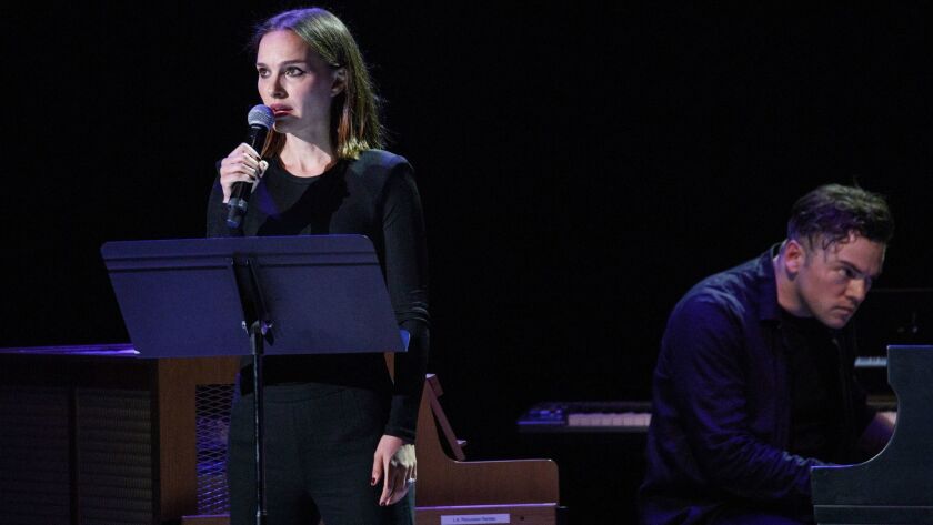 Actress Natalie Portman and pianist Nico Muhly perform an excerpt from the Philip Glass score to the Rome Section of Robert Wilson's "the CIVIL warS" at the Theatre at Ace Hotel on Friday.
