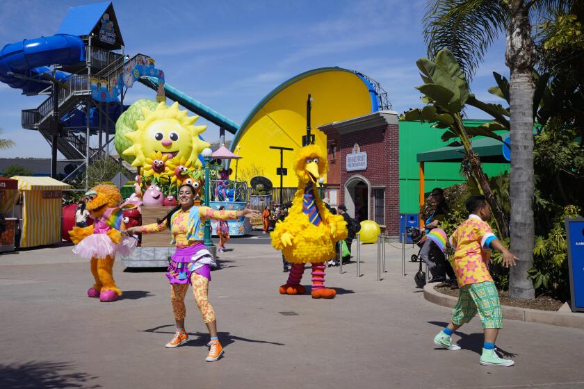 Chula Vista, CA - March 25: On Friday, March 25, 2022 in Chula Vista, CA., at Sesame Place San Diego, Big Bird the star of the parade made his way down the parade route as he was surrounded with dancers (Nelvin C. Cepeda / The San Diego Union-Tribune)