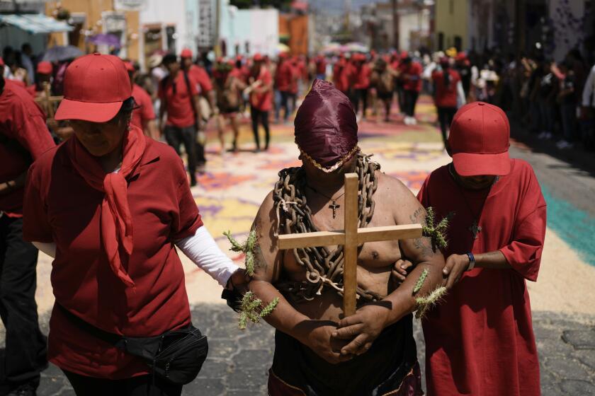 Un hombre hace penitencia con una cadena en el cuello y nopales espinosos sobre la piel, el viernes 7 de abril de 2023, en una procesión del Viernes Santo en Atlixco, México. (AP Foto/Eduardo Verdugo)