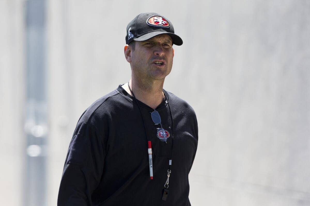 San Francisco 49ers Coach Jim Harbaugh calls driving the pace car for Sunday's Indianapolis 500 "a tremendous thrill."