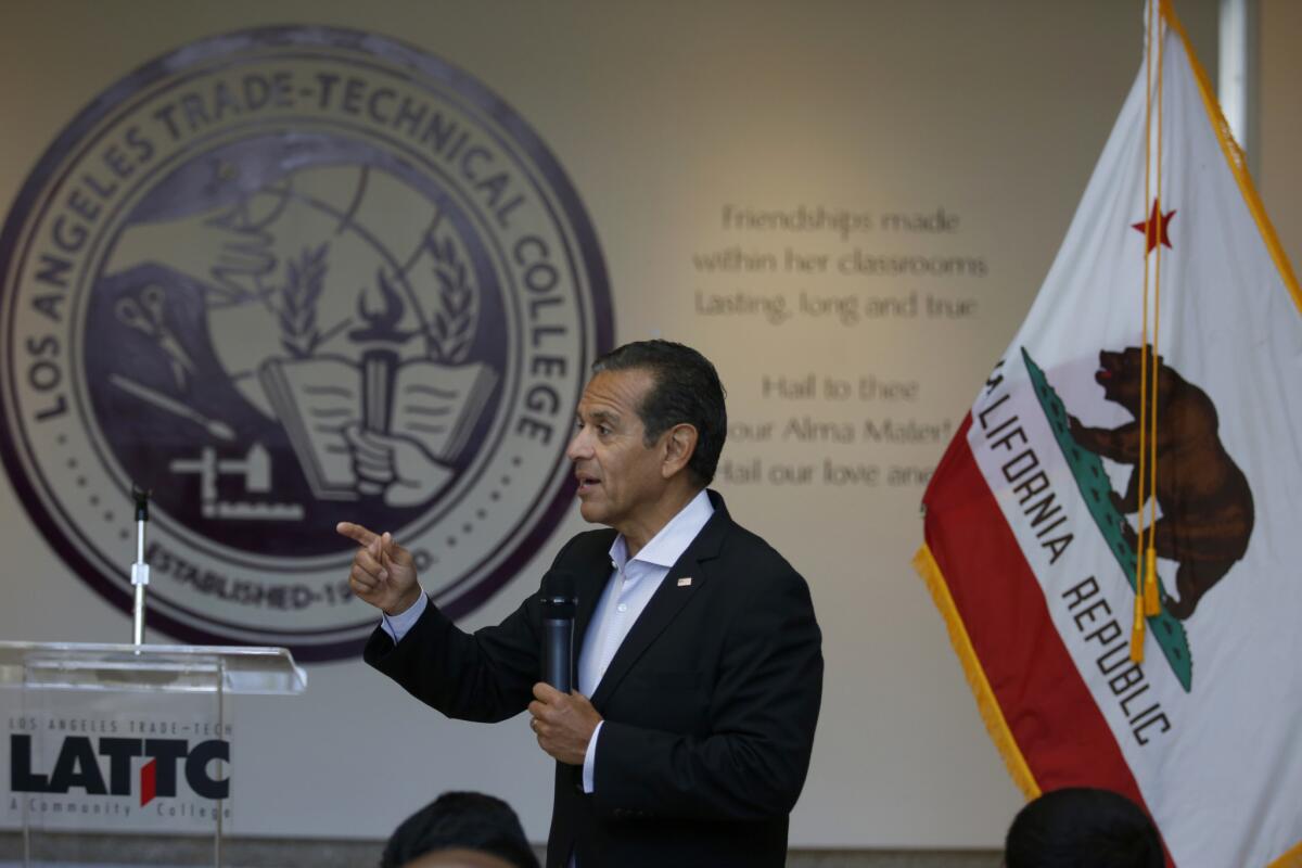 Former Los Angeles Mayor Antonio Villaraigosa speaks at at Los Angeles Trade-Technical College on Aug. 29.