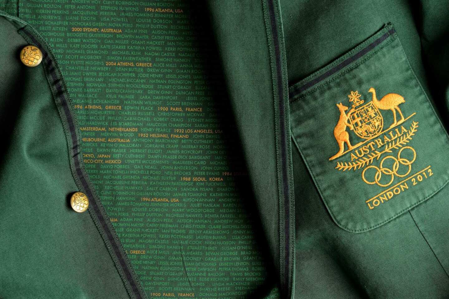 Names of former Australian Olympic Games medalists are shown in the jacket lining of the Australian Olympic uniform blazer. The blazer is being worn by Australian athletes at the London Games.