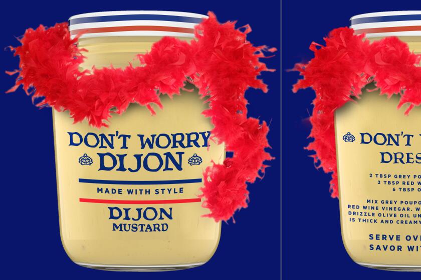 Images of the front and back of a commemorative mustard jar wrapped in a red feather boa