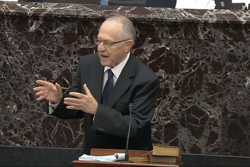 In this image from video, Alan Dershowitz, an attorney for President Donald Trump, speaks during the impeachment trial against Trump in the Senate at the U.S. Capitol in Washington, Monday, Jan. 27, 2020. (Senate Television via AP)