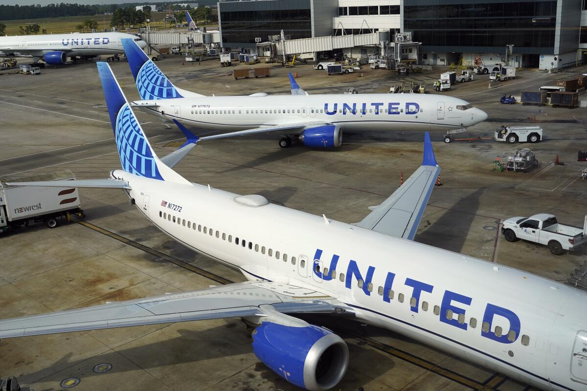 A United Airlines plane is pushed from the gate at George Bush Intercontinental Airport on Aug. 11, 2023, in Houston.
