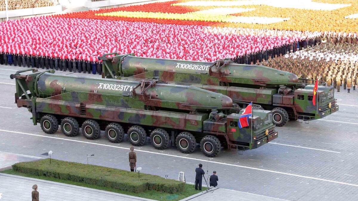 This photo released by North Korea's official Korean Central News Agency shows missiles during a military parade in Kim Il Sung Square in Pyongyang in October 2015. North Korea apparently test-fired two missiles from its east coast on Wednesday morning.