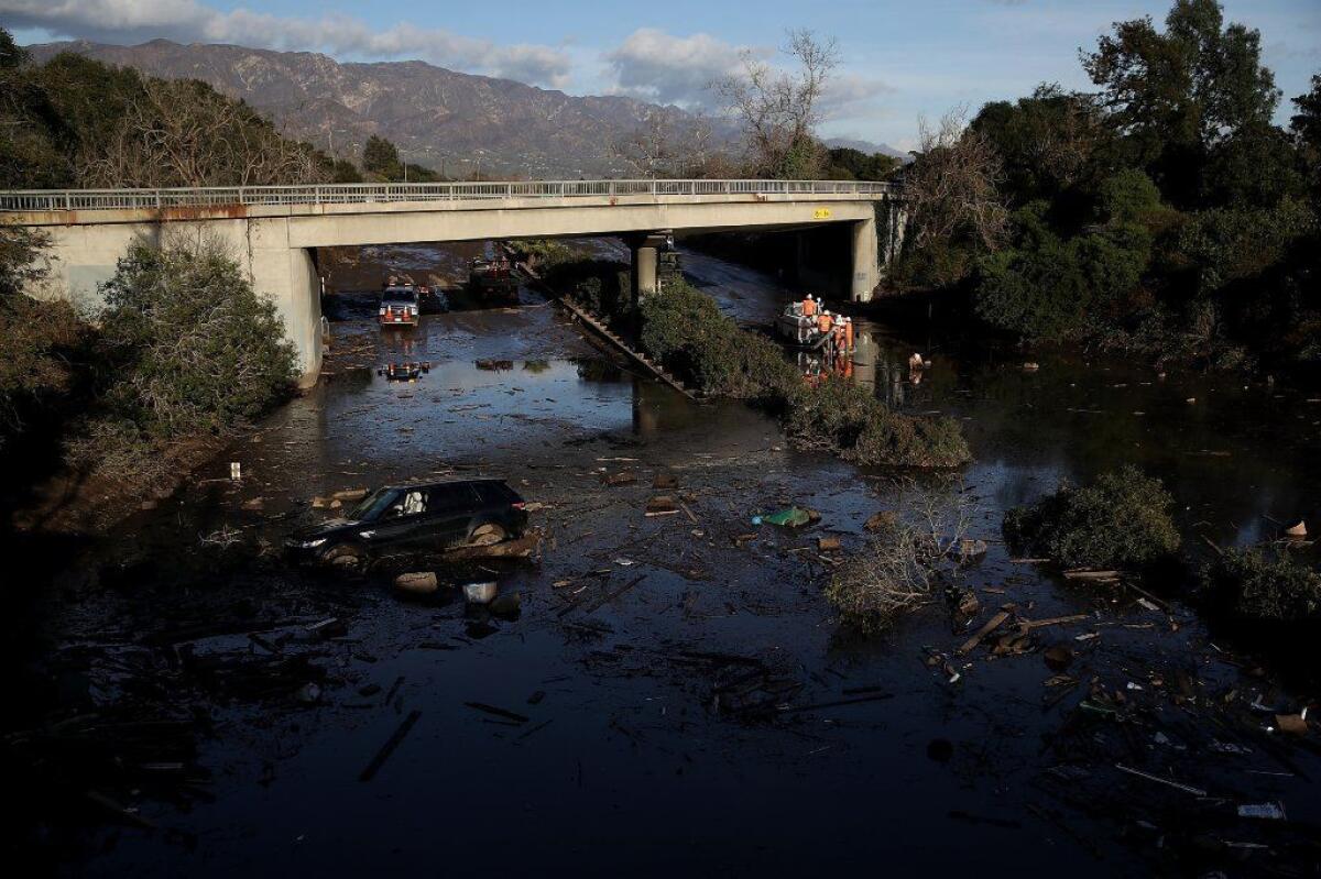 A flooded section of the 101 after the January mudslide in Montecito.