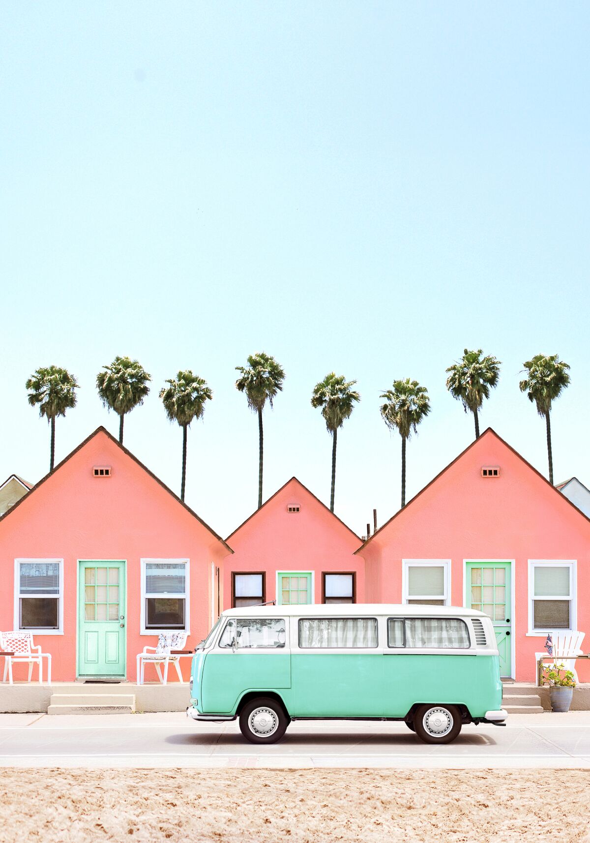 Pink cabins and a mint green Volkswagen bus