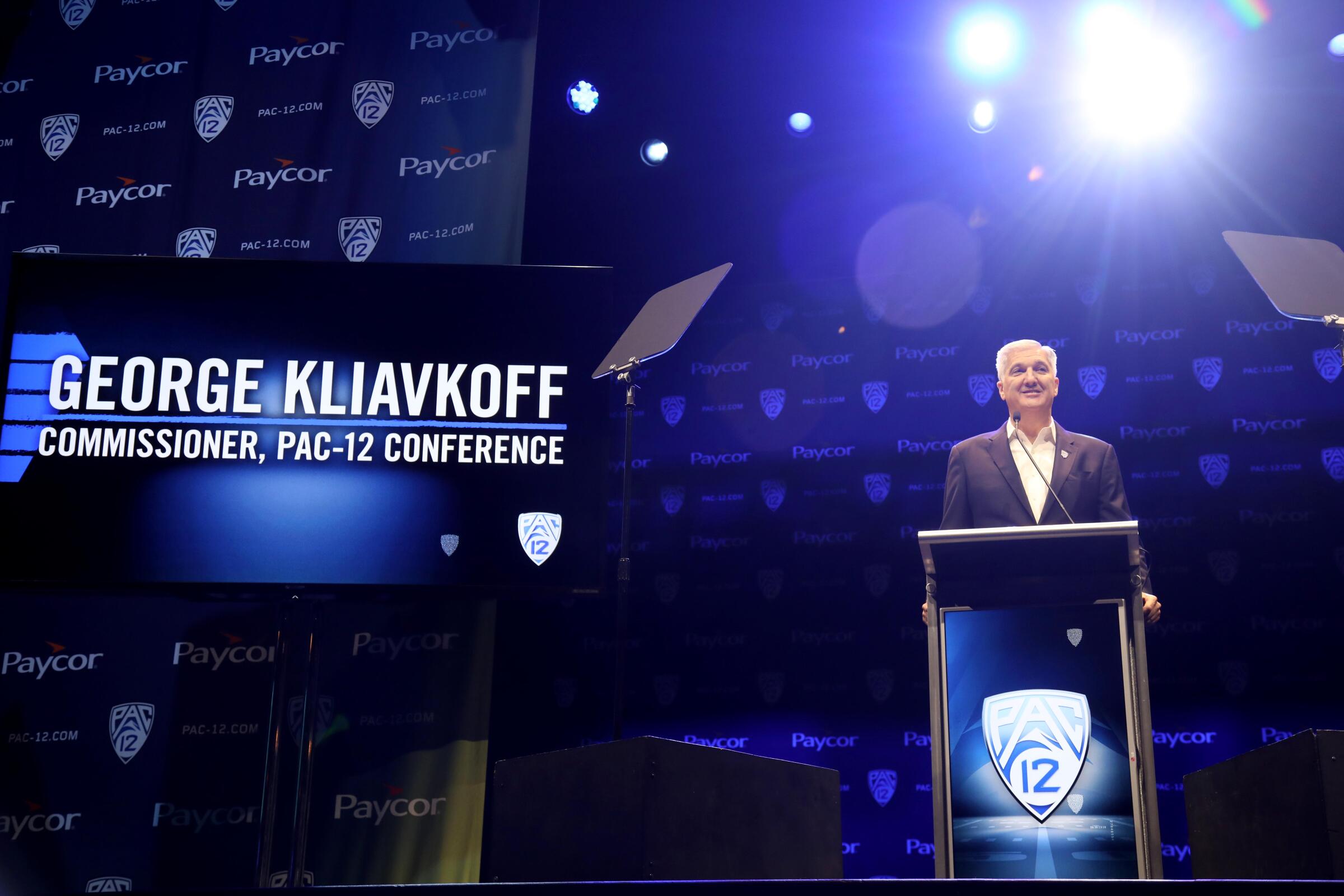 LOS ANGELES, CA - JULY 29, 2022 - - Pac-12 Commissioner George Kliavkoff makes his opening remarks at the start of the Pac-12 Media Day at The Novo at L.A. LIVE on July 29, 2022. The one-day event features all 12 head coaches and two student-athletes from each university, as well as representatives from the Pac-12 Conference staff. (Genaro Molina / Los Angeles Times)
