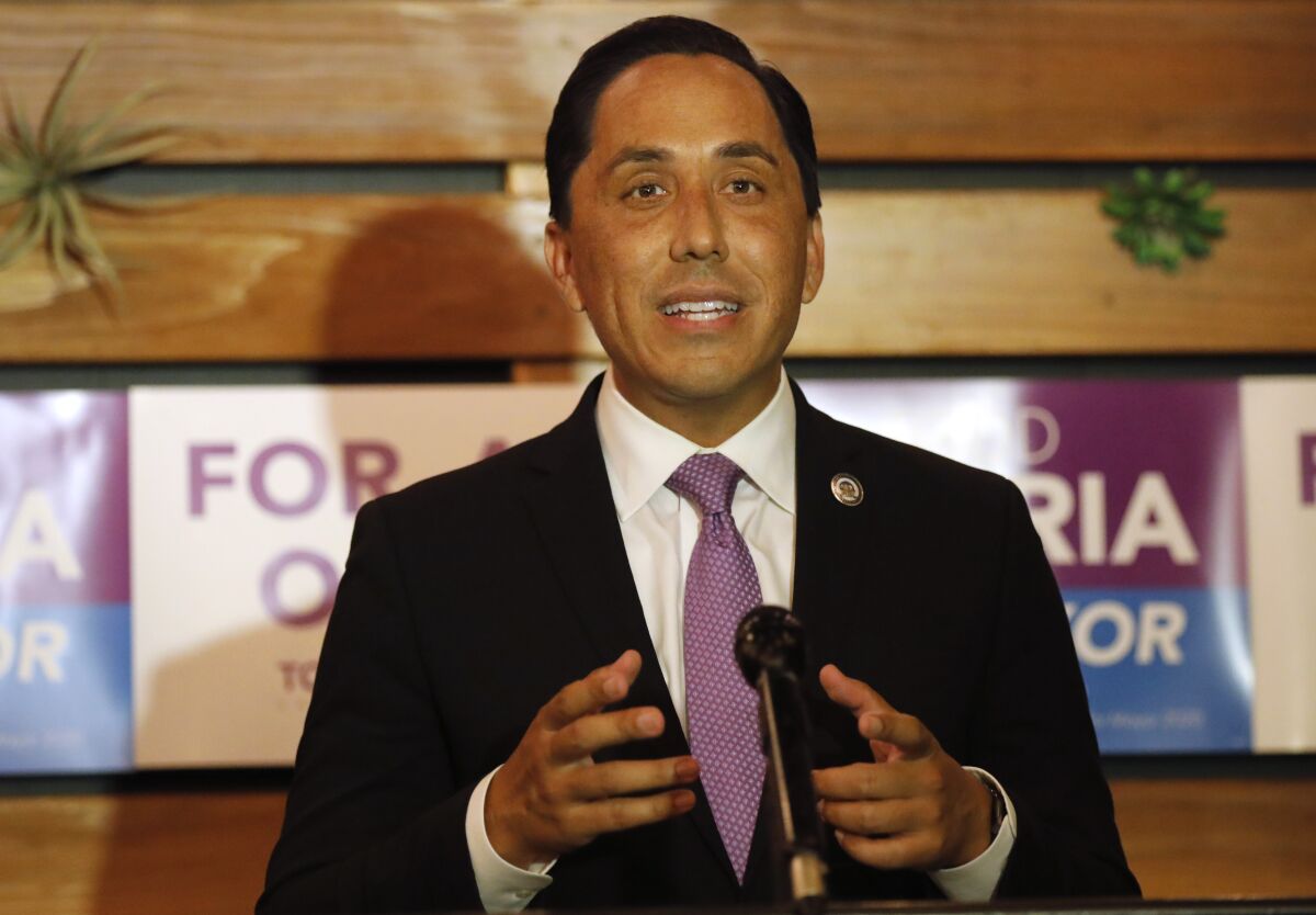 San Diego mayoral candidate Todd Gloria gives a speech at an election event Tuesday night.
