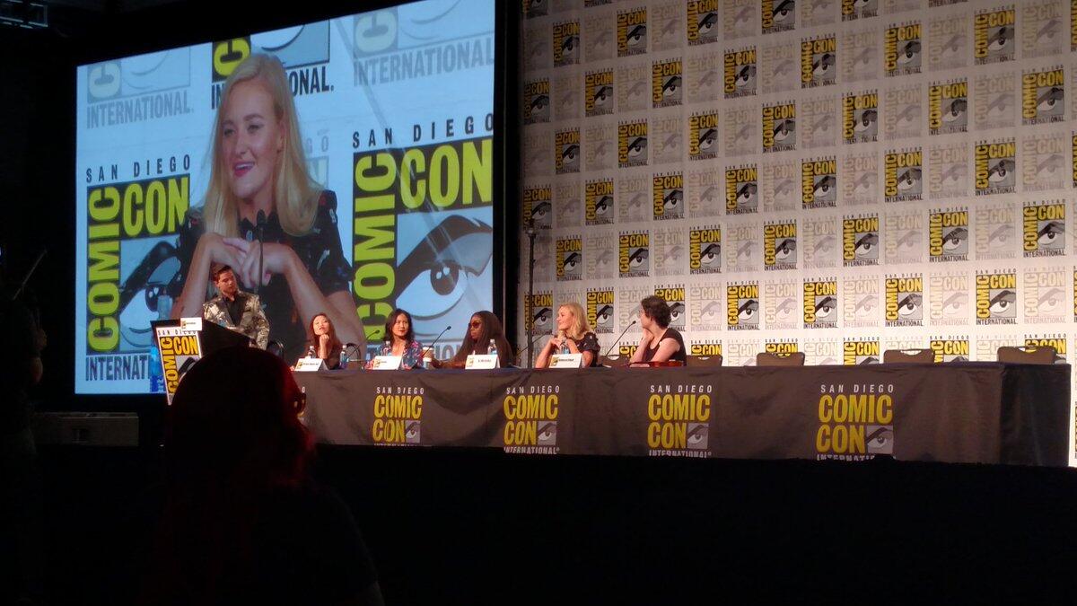 The "Steven Universe" cast and creator Rebecca Sugar, right, appear at the show's Comic-Con panel.