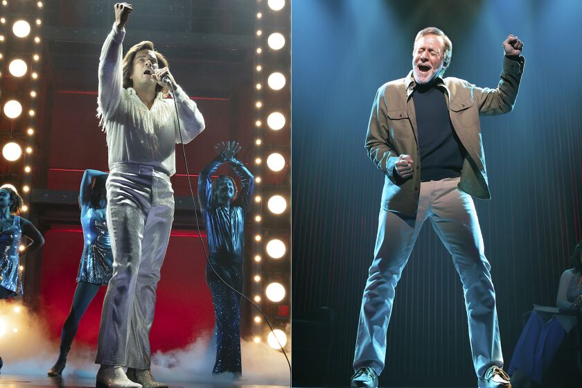 This combination of photos released by O&M/DKC shows Will Swenson as a young Neil Diamond, left, and Mark Jacoby as an older Neil Diamond during separate scenes from the musical “A Beautiful Noise." (Julieta Cervantes/O&M/DKC via AP)