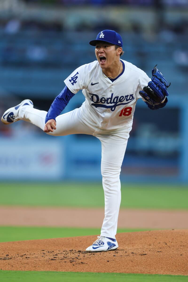 Los Angeles, CA, 1 Haziran 2024 Cumartesi - Los Angeles Dodgers atıcısı Yoshinobu Yamamoto.