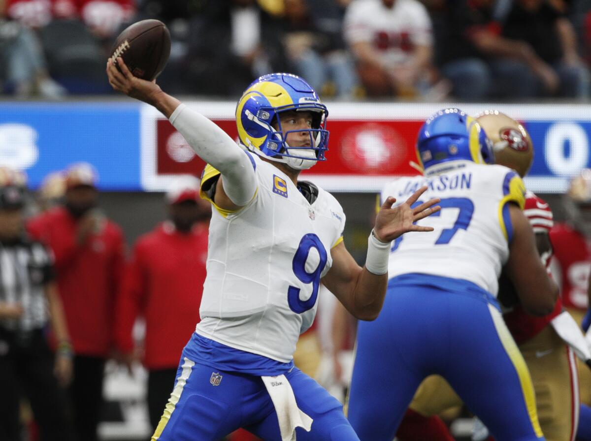 Rams quarterback Matthew Stafford passes against the San Francisco 49ers on Sept. 17.