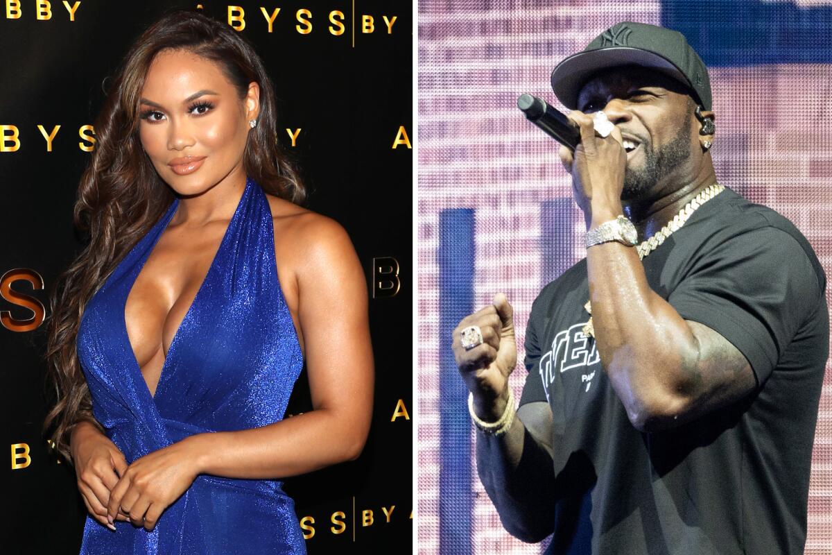 Photos of  Daphne Joy in a plunging bright blue dress and rapper 50 Cent speaking into a mic in front of a brick background