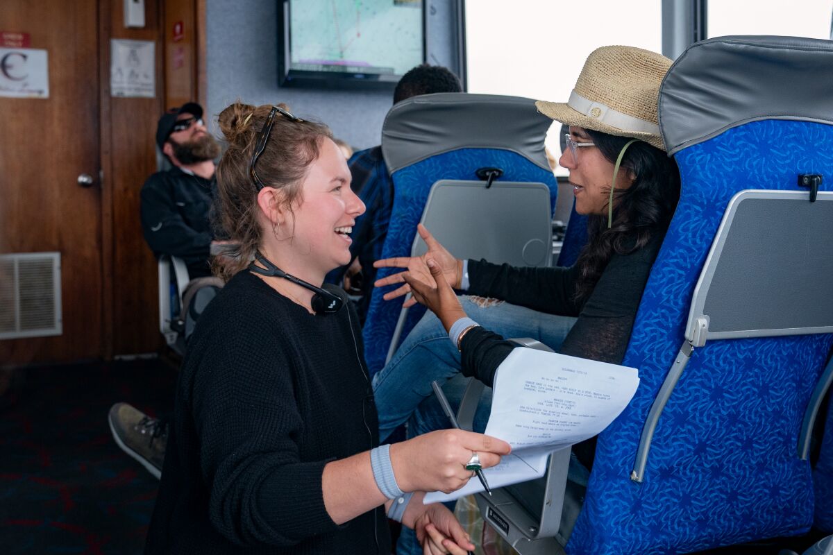 Screenwriter Flora Greeson and director Nisha Ganatra on the set of "The High Note."