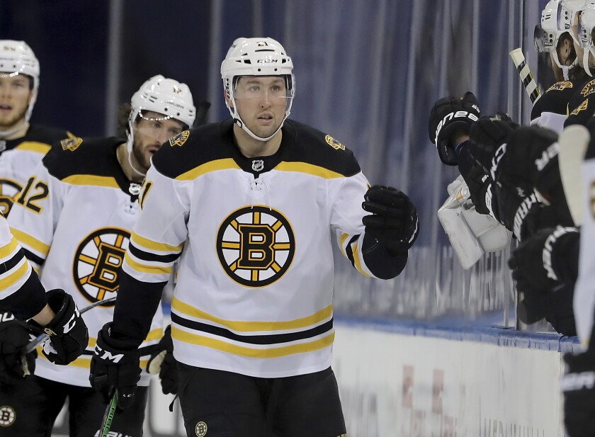 Boston Bruins' Nick Ritchie (21) celebrates his goal with teammates on the bench in the second period of an NHL hockey game against the New York Rangers, Friday, Feb. 12, 2021, in New York. (Elsa/Pool Photo via AP)