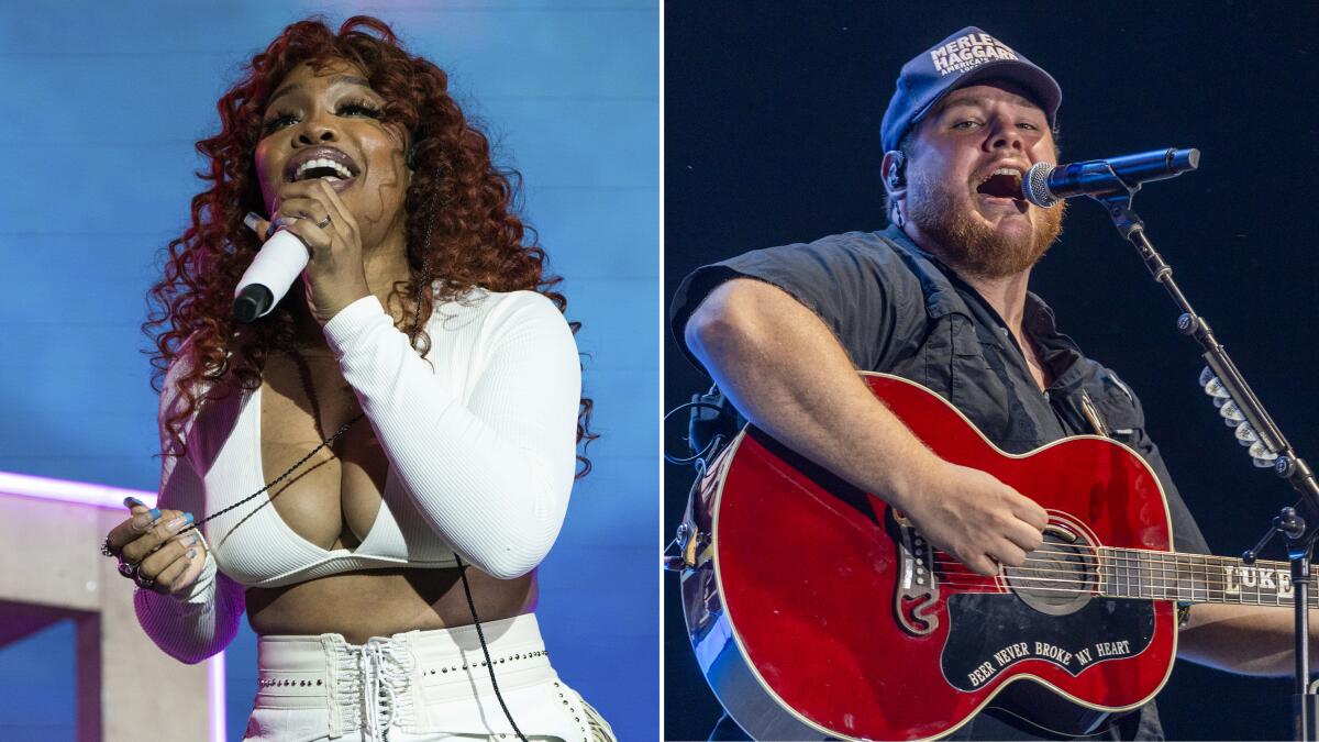 Separate photos of SZA, left, and Luke Combs, playing a guitar, as they sing into microphones while performing on stage