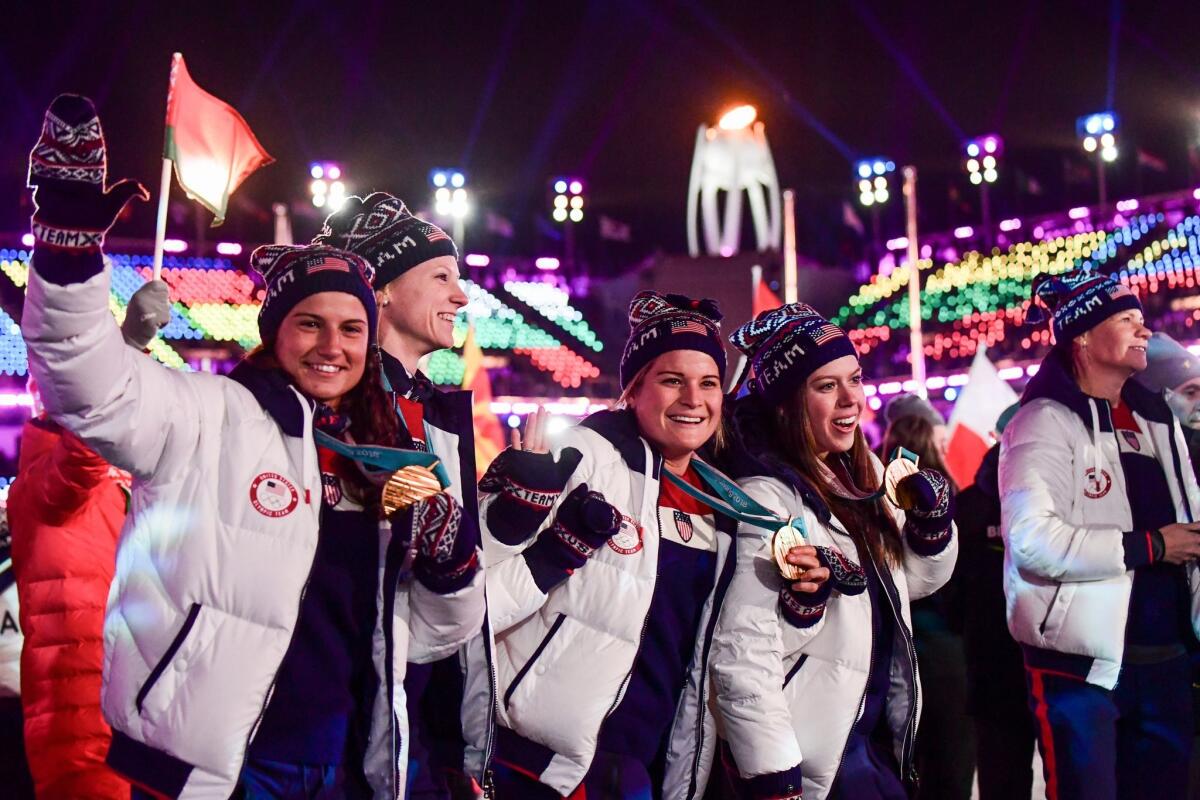 Team USA athletes take part in the closing ceremony of the Pyeongchang 2018 Winter Olympic Games.