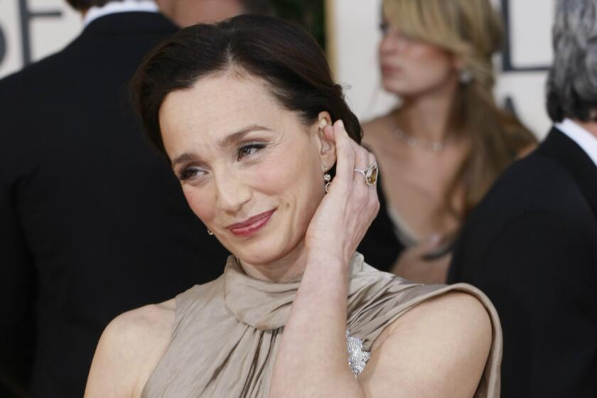 Kristin Scott Thomas arrives for the 66th annual Golden Globe Awards at the Beverly Hilton Hotel in 2009.