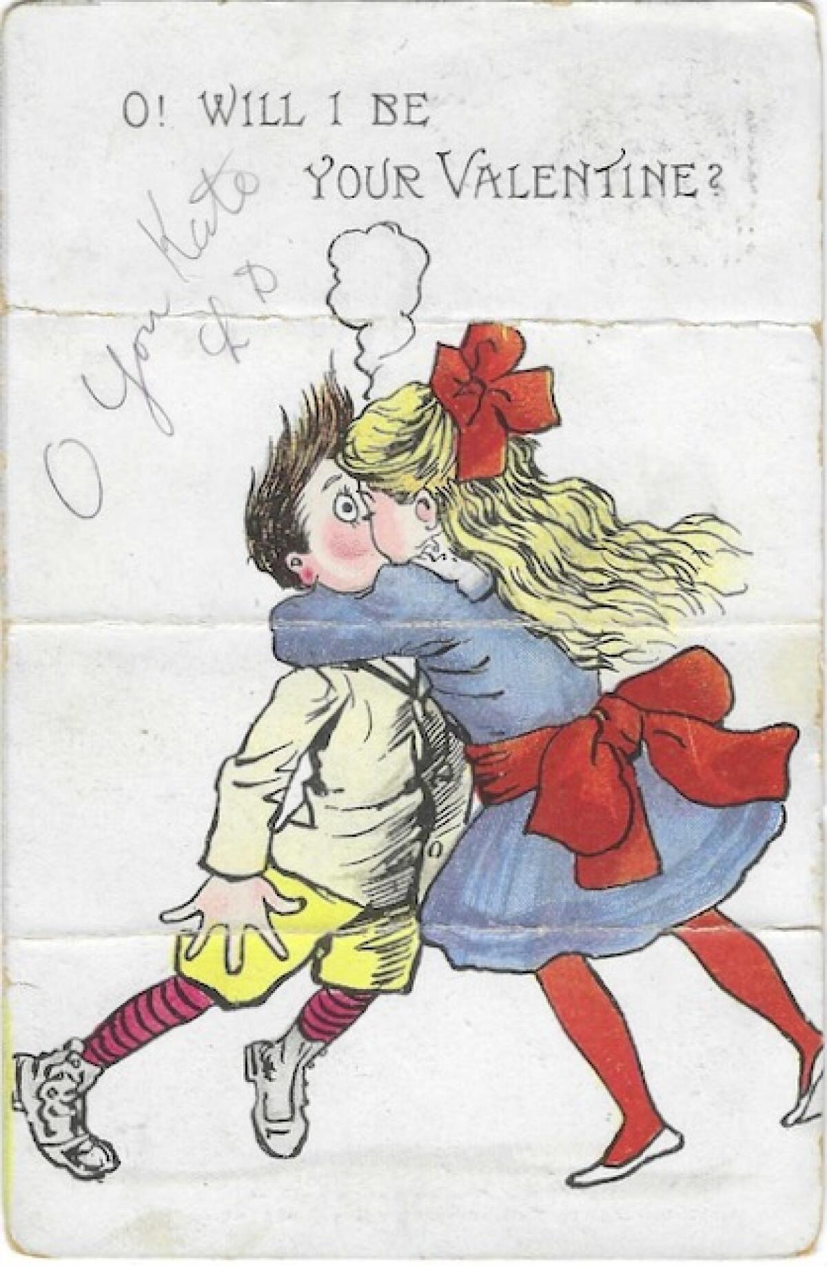 A girl with blond locks kisses an unsuspecting boy. Someone has written on the card: "O you Kate."