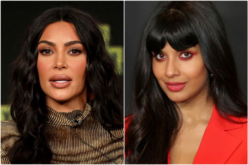 Diptych of Kim Kardashian and Jameela Jamil.