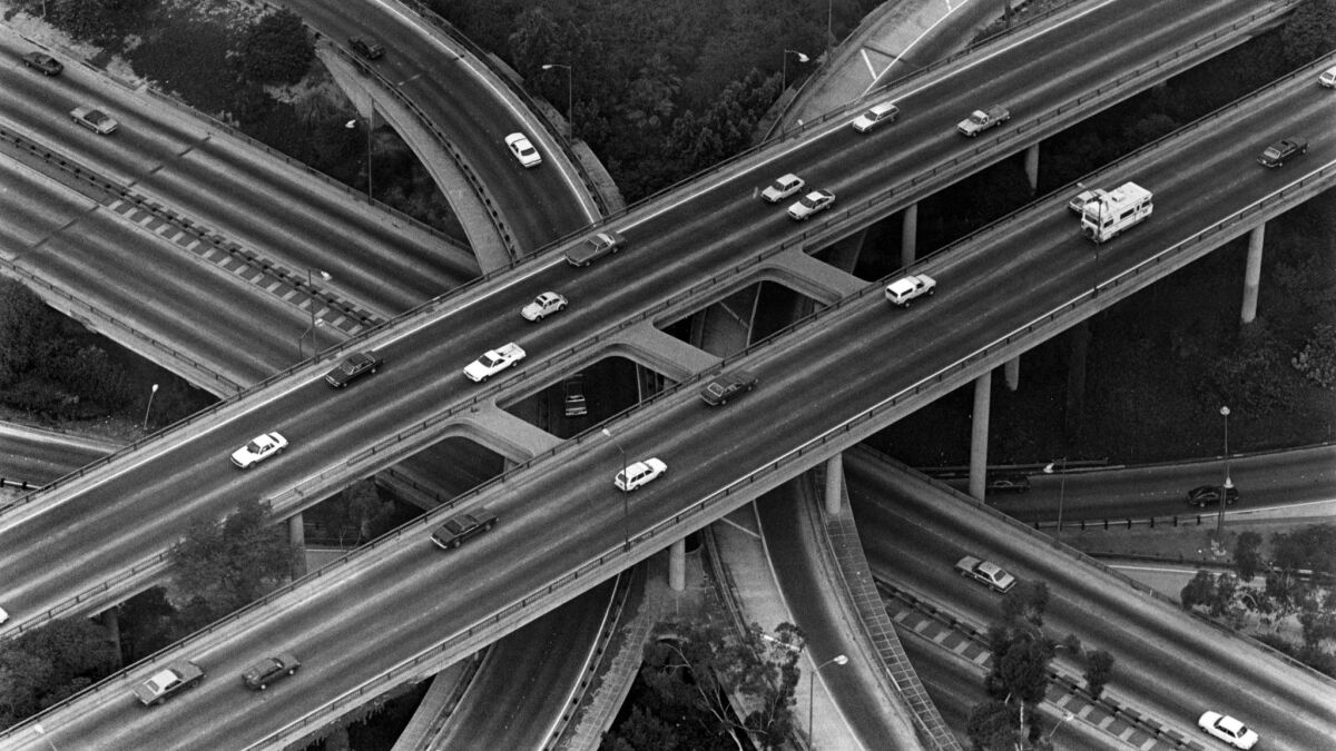 Traffic is light at the downtown Los Angeles fourlevel freeway interchange one morning during the 1984 Summer Olympics. (Penni Gladstone)