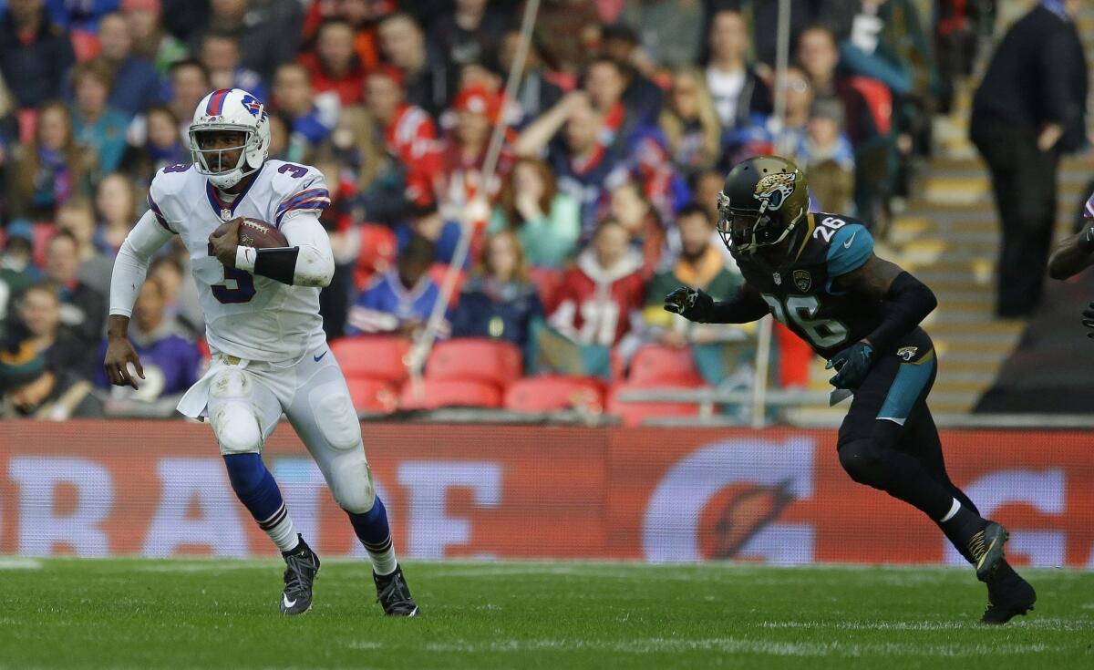 Buffalo Bills quarterback EJ Manuel runs with the ball during the NFL game between Buffalo Bills and Jacksonville Jaguars at Wembley Stadium in London on Sunday.