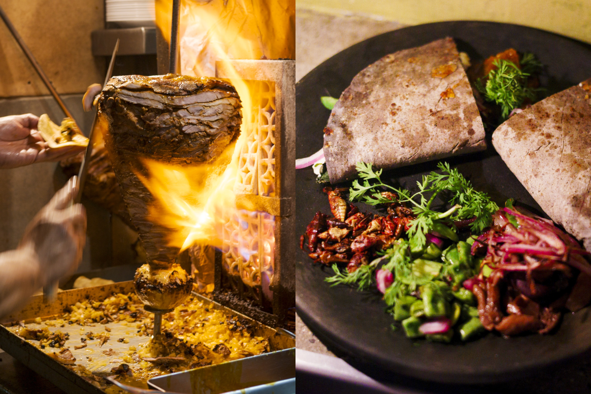 The trompo aflame at El Huequito, left, and the quesadilla de chapulines at Bósforo, right.