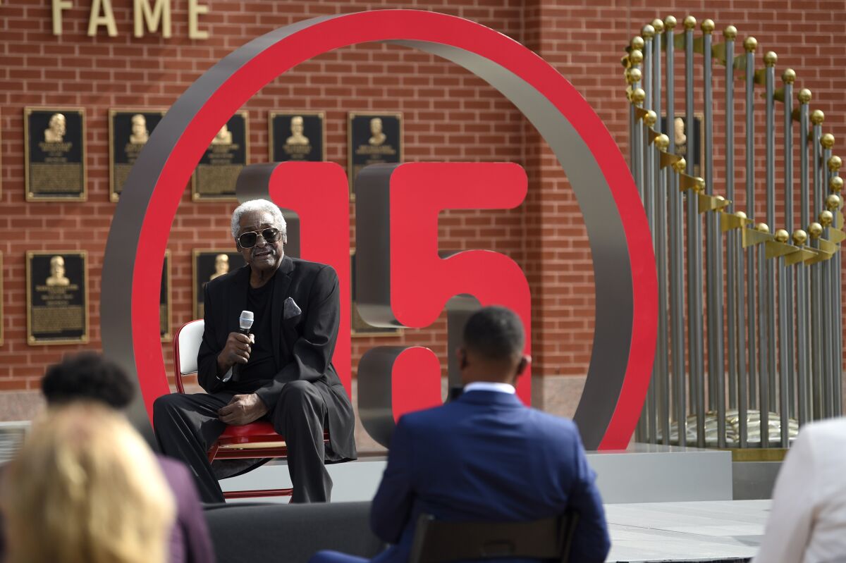 Former Philadelphia Phillies player Dick Allen speaks after the unveiling of his retired number prior to a baseball game between the Phillies and the Washington Nationals, Thursday, Sept. 3, 2020, in Philadelphia. (AP Photo/Derik Hamilton)