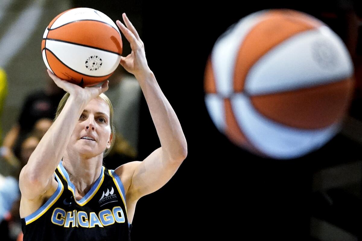 Allie Quigley competes in the three-point contest competition at the WNBA All-Star Basketball game in Chicago, Saturday, July 9, 2022. (AP Photo/Nam Y. Huh)