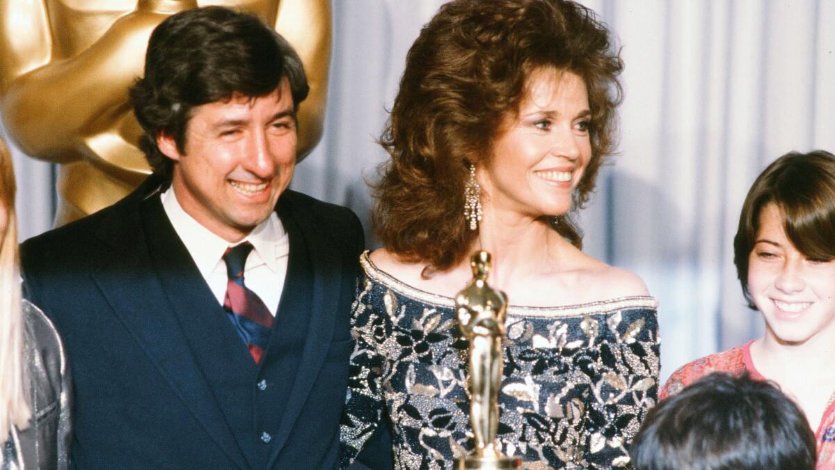 Tom Hayden with wife Jane Fonda and family backstage during the 54th Academy Awards at Dorothy Chandler Pavilion in Los Angeles on March 29, 1982.