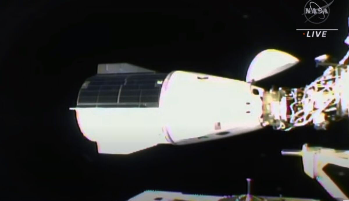 This image from video provided by NASA shows the SpaceX Dragon docking with the International Space Station, Thursday, Nov. 11, 2021. A SpaceX capsule carrying four astronauts pulled up Thursday at the International Space Station, their new home until spring. It took 21 hours for the flight from NASA’s Kennedy Space Center to the glittering outpost. (NASA via AP)