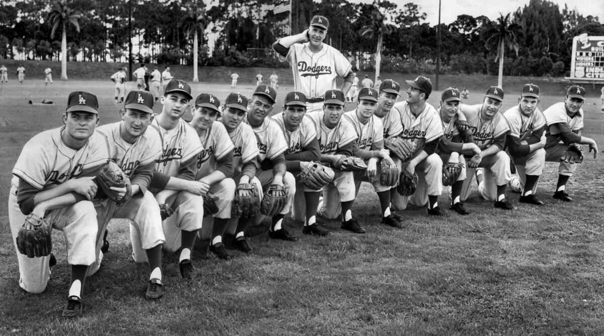 March 8, 1959: Dodgers manager Walter Alson, standing, with his pitchers at Vero Beach, Fla.