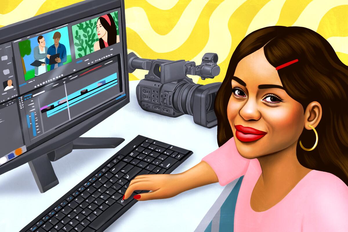 Illustration of a woman looking forward while working at a computer