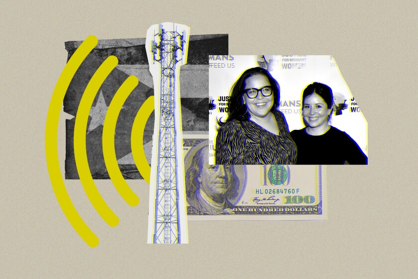 An illustration with a cell tower, a dollar bill and a photo of two women 