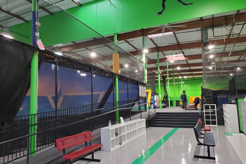 Entrance at the Rockin Jump indoor trampoline park in Concord, California, August 21, 2021. (Photo by Smith Collection/Gado/Getty Images)