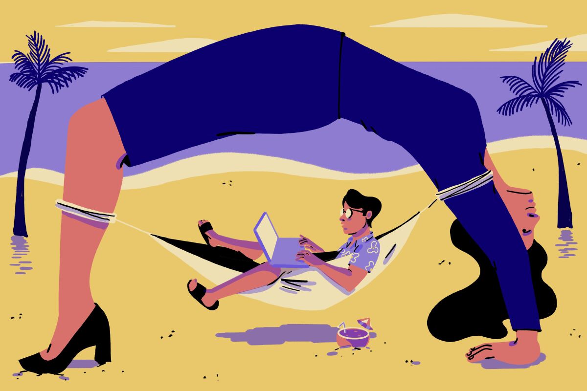 llustration of a businesswoman bending over backward to hold up an employee in a hammock