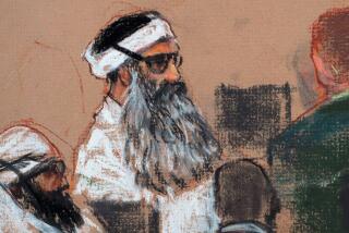 FILE - This Monday, Dec. 8, 2008 courtroom drawing by artist Janet Hamlin and reviewed by the U.S. military, shows Khalid Sheikh Mohammed, center, and co-defendant Walid Bin Attash, left, attending a pre-trial session at Guantanamo Bay Naval Base, Cuba. The man accused of being the main plotter in al-Qaeda's Sept. 11, 2001 attacks has agreed to plead guilty, The Defense Department said Wednesday. (AP Photo/Janet Hamlin, Pool, File)