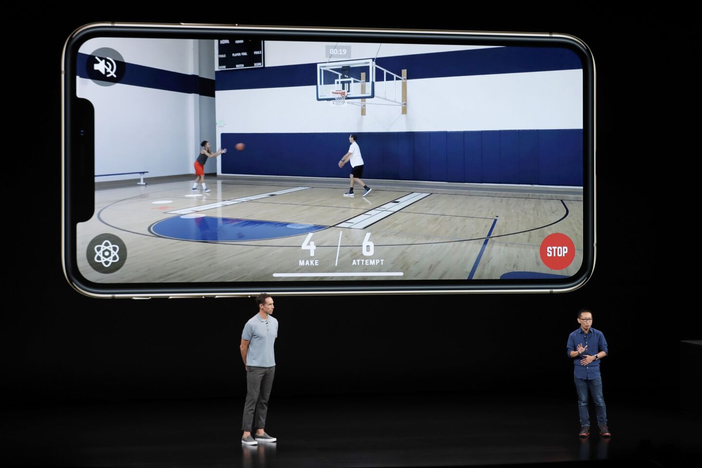 CEO and founder of HomeCourt David Lee, right, and former NBA player Steve Nash talk about the Apple iPhone XS at the Steve Jobs Theater during an event to announce new Apple products Wednesday, Sept. 12, 2018, in Cupertino, Calif. (AP Photo/Marcio Jose Sanchez)