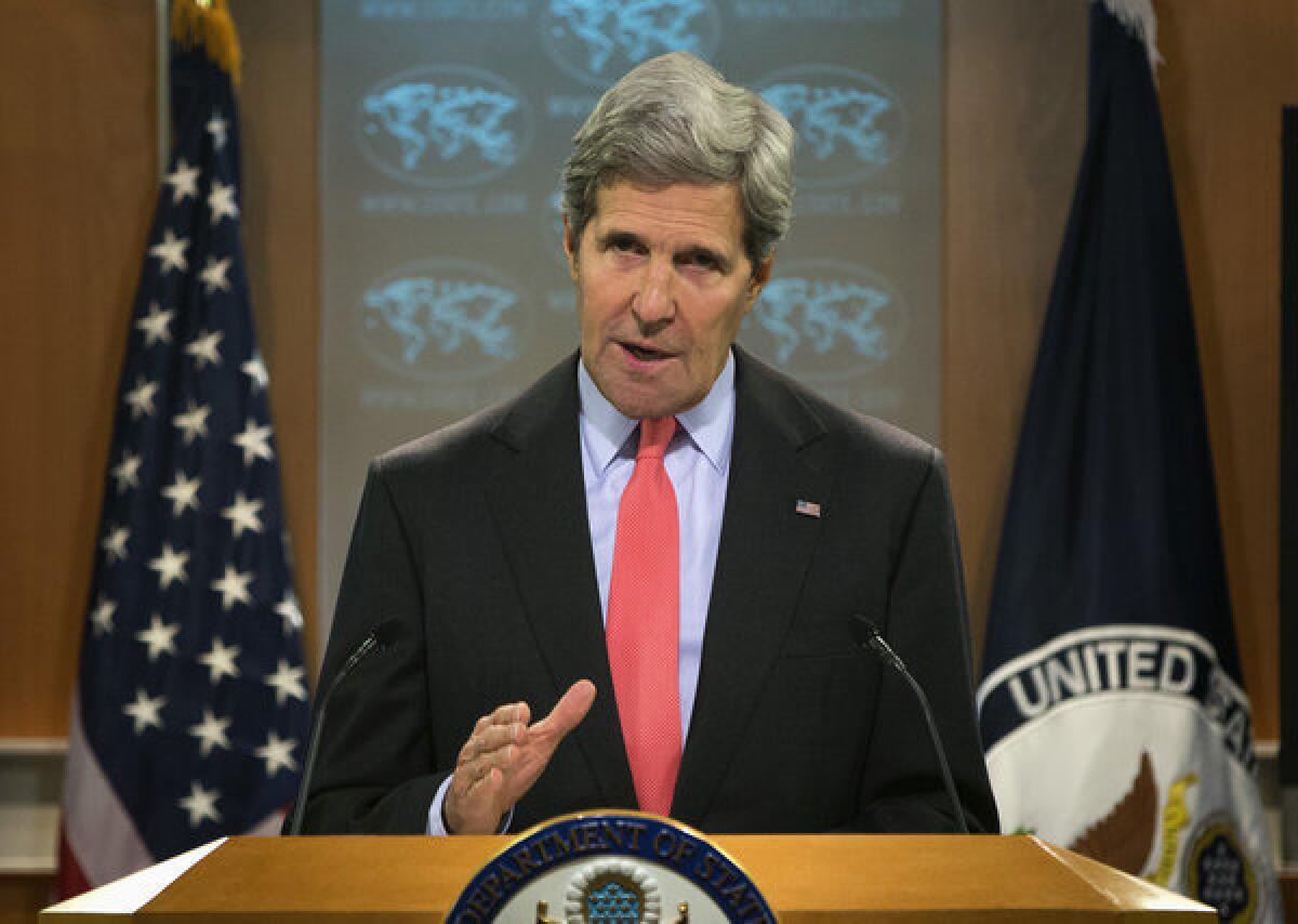 Secretary of State John Kerry discusses the situation in Egypt before the start of a news briefing at the State Department in Washington on Wednesday.