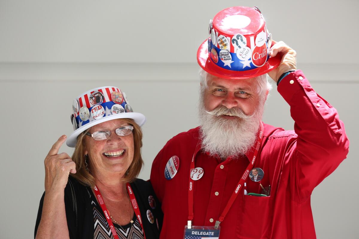 Ted Cruz supporters Earl and Judy DeVries of Ontario attend the California Republican Party convention in Burlingame, Calif.