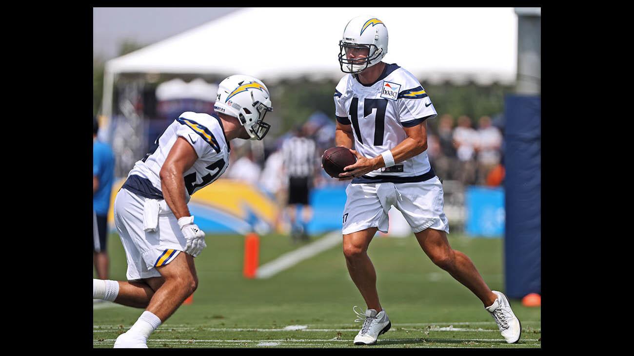 Los Angeles Chargers quarterback Philip Rivers, #17, practices with the team at Jack Hammett Sports Complex, in Costa Mesa on Saturday, July 28, 2018.