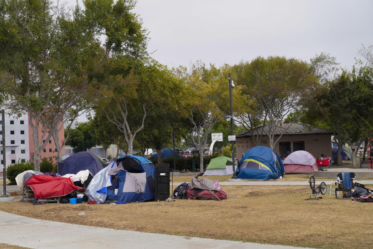 Dozens of homeless people camped at Harborside Park in Chula Vista before it was closed.